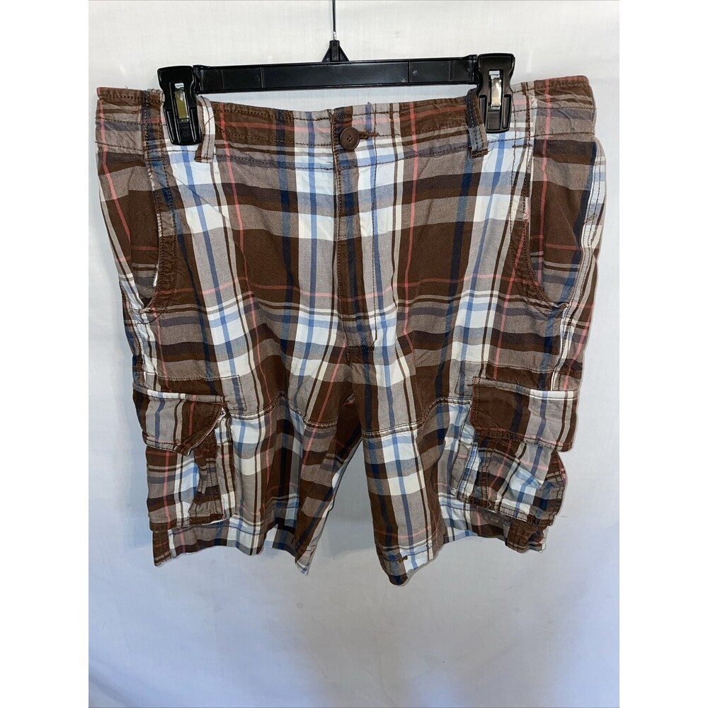 Roundtree & Yorke Cargo Shorts Men’s Size 34 Brown Plaid Zip Fly Pockets Comfort